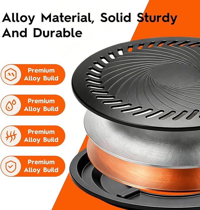 Korean BBQ Grill Pan, Nonstick 13.5" Round Indoor Grill Pan Smokeless Cast Aluminum Includes Food Tongs & Grill Plate Handle, Outdoor Camping Grilling, Picnic Cooking