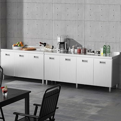 ZZV Stainless Steel Table Cabinet for Prep & Work 21 x 66 Inch, Heavy Duty Prep Table with 4 Pull-Out Doors, Commercial Workbench with Cabinet for Kitchen, Restaurant, Hotel, Garage, and Warehouse