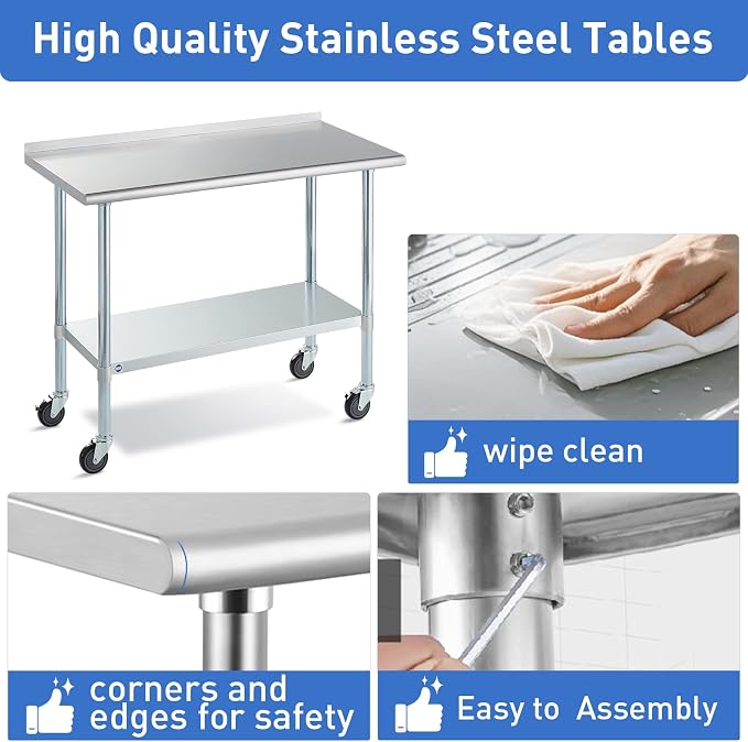 Stainless Steel Table for Prep & Work with Caster & Backsplash 24x36 Inches, NSF Metal Commercial Kitchen Heavy Duty Table with Adjustable Under Shelf and Table Foot for Restaurant, Home and Hotel
