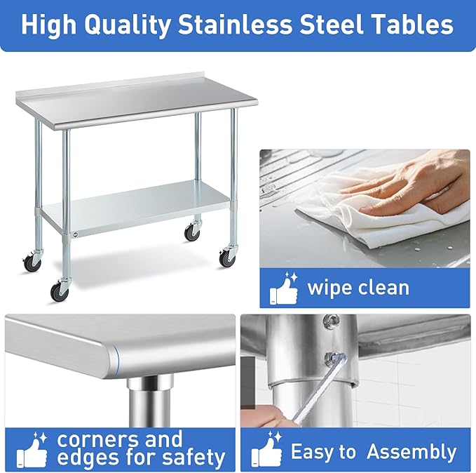 Stainless Steel Table for Prep & Work with Caster & Backsplash 30x72 Inches, NSF Metal Commercial Kitchen Heavy Duty Table with Adjustable Under Shelf and Table Foot for Restaurant, Home and Hotel