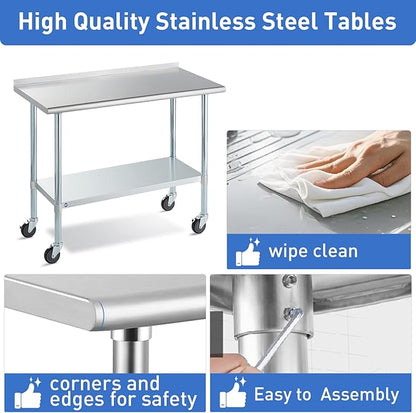 Stainless Steel Table for Prep & Work with Caster & Backsplash 30x60 Inches, NSF Metal Commercial Kitchen Heavy Duty Table with Adjustable Under Shelf and Table Foot for Restaurant, Home and Hotel