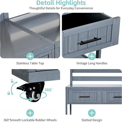 62 Inch Patio Kitchen Island with Stainless Steel Top, Gray | Gray fir wood, stainless steel top, garden or patio, raised shelf, 2 drawers, lockable wheels, modular design, 62.3 in L
