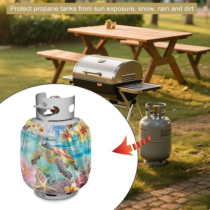 Propane Tank Covers 20lb Sea Turtle Flower Outdoor Heavy Duty Waterproof Windproof Gas Tank Cylinder Cover with Elastic Brand, Dress up Your Gas Grill,