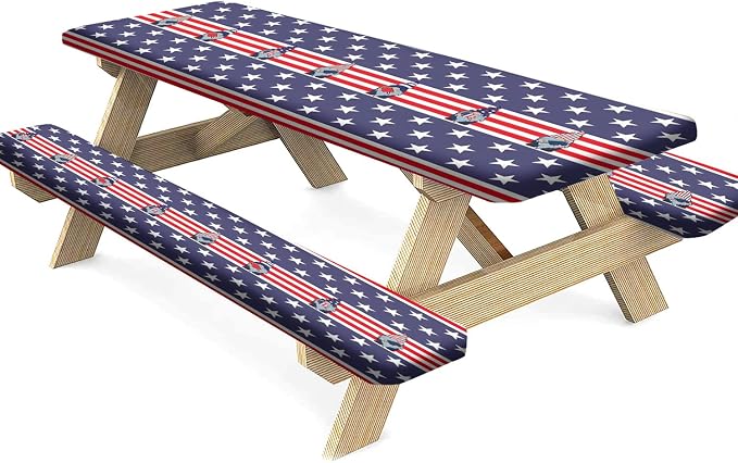 4th of July USA Flag Picnic Fitted Tablecloth and Bench Seats Cover, 28x72 Inch, American Flag with Gnomes Ice Pops Flag Elastic Edged Table Cloth for Indoor/Outdoor Picnic, BBQ and Dining, 3 Pcs Set