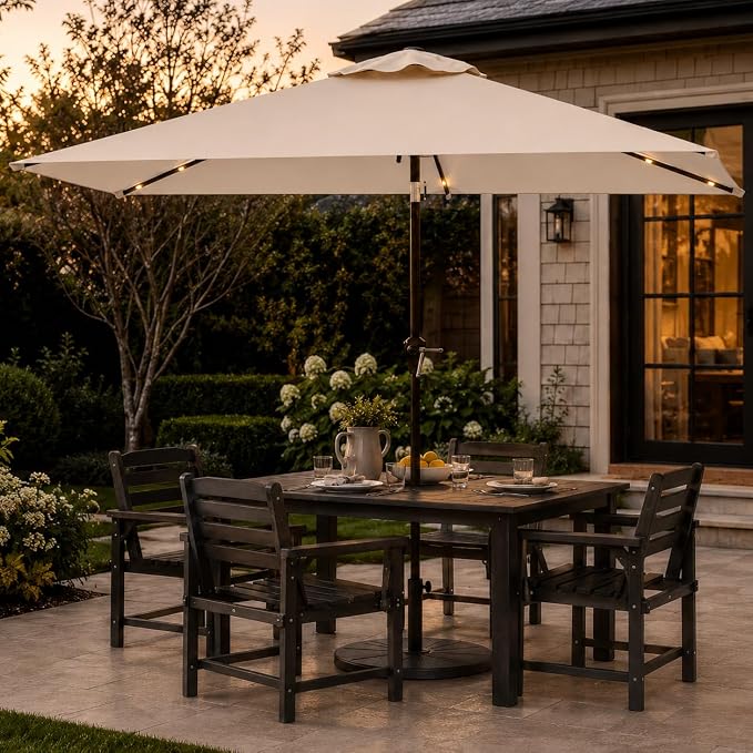 6.5 x 10ft Rectangular Patio Umbrella with Solar Lights, 16 LED Lighted Market Umbrella with Push-Button Tilt and Crank, 6 Sturdy Iron Ribs for Garden, Deck, Pool, Beige