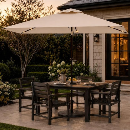 6.5 x 10ft Rectangular Patio Umbrella with Solar Lights, 16 LED Lighted Market Umbrella with Push-Button Tilt and Crank, 6 Sturdy Iron Ribs for Garden, Deck, Pool, Beige