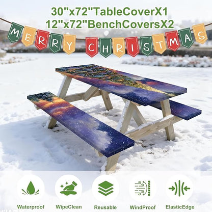 Christmas Picnic Table Cover with Bench Cover, Outdoor Picnic Table Elastic Tablecloth, Green Santa Claus and Reindeer Design, Camping, Barbecue and Holiday Party Tablecloth