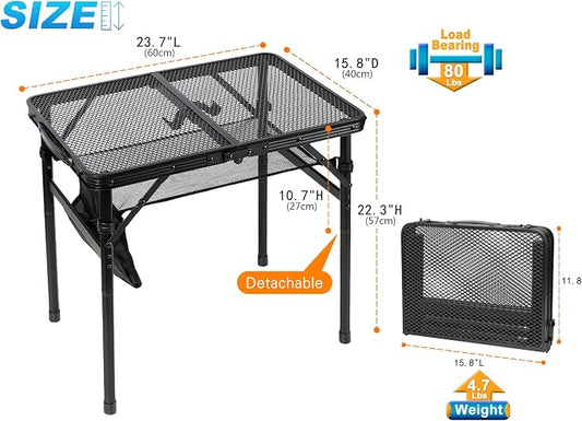 Small Floding Grill Table with Mesh Layer, 2 Height Adjustable, Portable & Lightweight Metal Camping Table for Outdoor, Beach & BBQ - Compact (2 FT, Black)