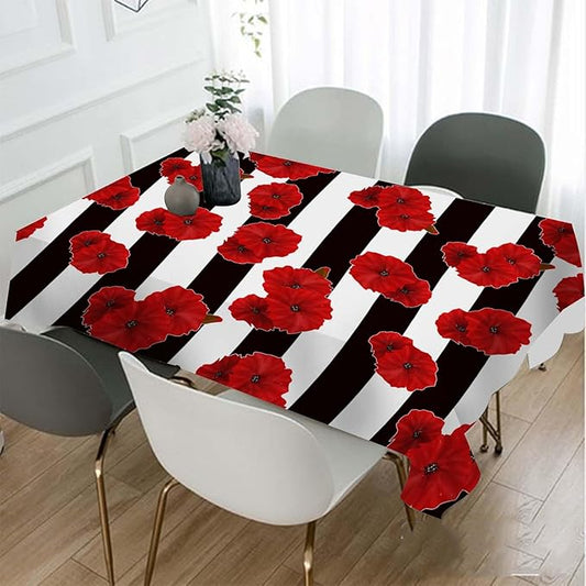 TKS MITLAN Black White Stripe Tablecloth 60x84 Inch Rectangular Red Flower Poppy Petal Bloom Bright Color Plant Oblong Table Cloth Kitchen Table Decorations for Home Dinner Party