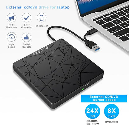 External DVD Drive USB 3.0 USB-C CD Burner CD/DVD Player | Portable CD DVD Disc Copier for Laptops and PC Plug & play Compatible with Windows 7/8/10/11, Linux, and Mac OS