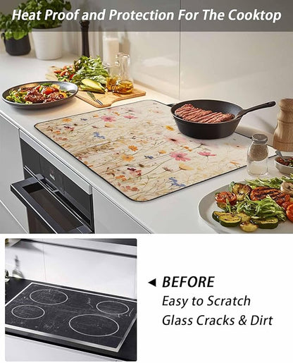 Stove Top Covers for Electric Stove 28.5x20.5 Inches, Botanical Flower HeatResistant Glass Cooktop Protector, Retro Colorful Spring Vintage Floral Ceramic Stovetop Countertop Covers Mat, Oven Cover