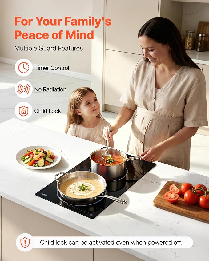 VEVOR Electric Cooktop 12inch 2 Burners Portable Stove Top 1800W 120V, Ceramic Countertop/Built-in Radiant Electric Stove, with 9 Power Levels, Timer, Child Lock, Over-Heat Guard, Touch Control