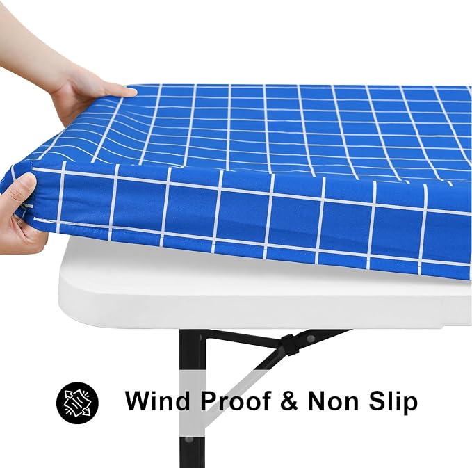 Smiry Rectangle Picnic Table Cloth, Elastic Waterproof Fitted Vinyl Tablecloths, Flannel Backed Buffalo Plaid Table Covers for Dining, Camping, Outdoor (Blue, 30" x 72")