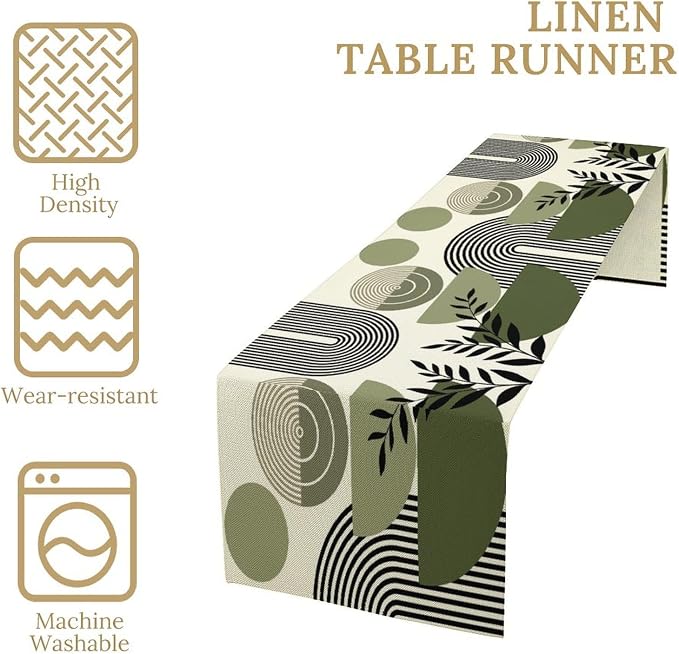 Boho Mid Centruy Table Runner Abstract Sage Green Tropical Leaves Sun Modern Geometric Arch Botanical Dinner Runner for Farmhouse Cabin Home Kitchen Dining Holiday Party Decor 13x70in