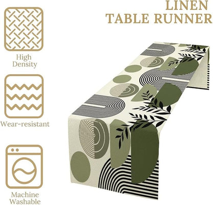 Boho Mid Centruy Table Runner Abstract Sage Green Tropical Leaves Sun Modern Geometric Arch Botanical Dinner Runner for Farmhouse Cabin Home Kitchen Dining Holiday Party Decor 13x36in