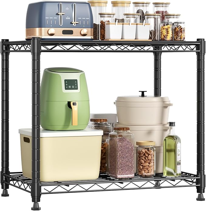 DUMOS 2-Tier Metal Storage Shelves, Wire Shelving, Storage Rack, 23.3" W | Heavy Duty Steel Shelves, Wire Adjustable Standing, Kitchen Bathroom Garage Pantry Organizers, 22.3"H