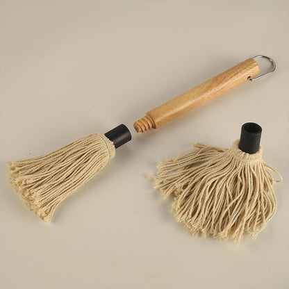 11.2 Inch BBQ Mop Brushes for Sauce, Grill Basting Mop Wooden Long Handle BBQ Mop with 1 Extra Replacement Heads for BBQ Grilling Smoking Steak