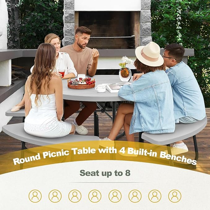 Round Picnic Table for Outdoors, 8 Person Outdoor Picnic Tables & Benches Set with Umbrella Hole, HDPE Tabletop & Metal Frame, 2000 LBS Capacity Table Bench Set for BBQ, Garden, Lawn, Patio