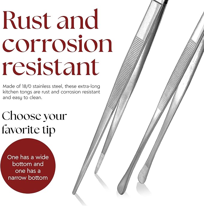 Namre Cooking Tweezer Chopstick Tongs, 2-Pack Stainless Steel, Silver | Ideal for plating, serving & precision cooking; slim chopstick-style design for delicate food handling