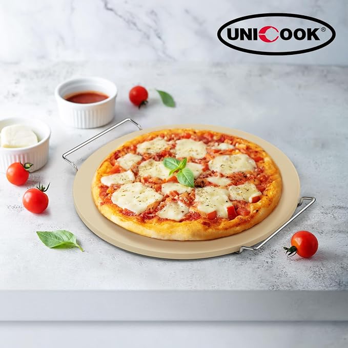 Unicook 15 Inch Round Pizza Stone for Oven and Grill, Comes with Carry Rack | Heat Resistant to 1450 ℉, Even Heating and Consistent Heat Retention, Crispy Crust for Fresh & Frozen Pizzas, Bread, Cookies
