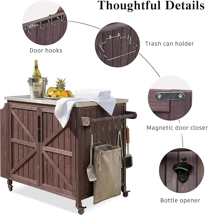 Outdoor Kitchen Island with 4 Locking Wheels, 42” Stainless Steel Top Grill Prep Station, Solid Fir Wood Storage Cabinet with 3-Tier Side Shelf and Adjustable Rack for Patio and BBQ, Brown