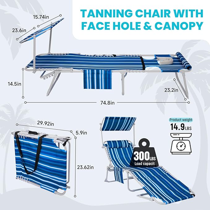 #WEJOY 3 in 1 Tanning Chair with Face Hole and Canopy, 5-Position Folding Face Down Lounge Chairs for Outside Beach Pool, 300lbs Heavy Duty Portable Sun Lounger with Pillow & Storage Bag (Blue White)