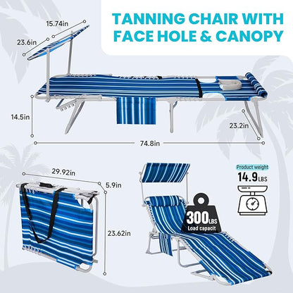 #WEJOY 3 in 1 Tanning Chair with Face Hole and Canopy, 5-Position Folding Face Down Lounge Chairs for Outside Beach Pool, 300lbs Heavy Duty Portable Sun Lounger with Pillow & Storage Bag (Blue White)