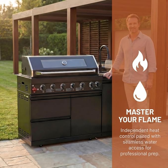 63 Inch Outdoor Kitchen Island, 6-Burner 85000 BTU Propane Stainless Steel BBQ with Side/Rear Burners, With Sink, Rotisserie, Marble Countertops, Storage, For Backyard BBQ
