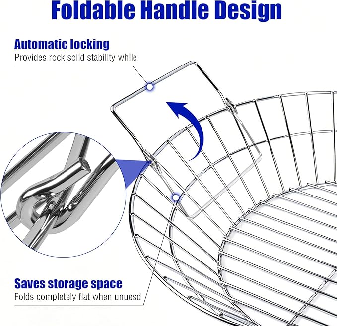 19-Inch Foldable Charcoal Basket for Large Kamado Grill, Heavy Duty Stainless Steel Ash Basket with Collapsible Handle (Silver, X-Large)