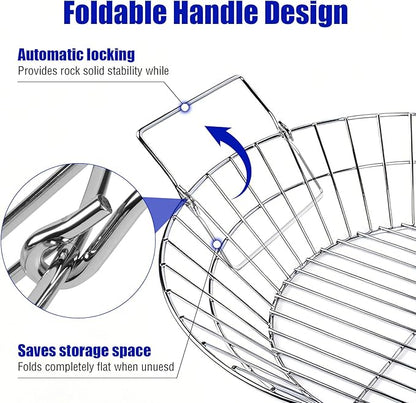 19-Inch Foldable Charcoal Basket for Large Kamado Grill, Heavy Duty Stainless Steel Ash Basket with Collapsible Handle (Silver, X-Large)