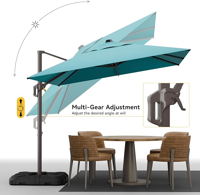 9x12 FT Cantilever Patio Umbrella with Base, Large Rectangular Offset Outdoor Umbrella with 360° Rotation, Heavy Duty Shade Umbrella for Garden Backyard Deck Poolside Courtyard, Turquoise