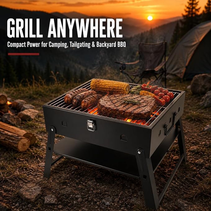 Portable BBQ Charcoal Camping Grill: Tabletop Folding Barbecue Grills | with Fire Starter Kit for Outdoor Cooking, Fathers Day Birthday Grilling Gift for Men Dad Husband