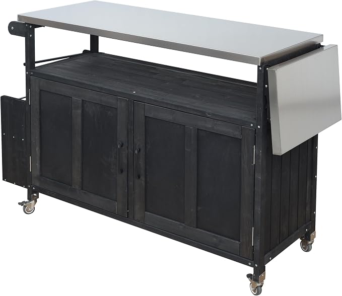 JIVOIT Outdoor Fir Wood Kitchen Island with Foldable Stainless Steel Top, Patio Mobile Kitchen Cart Portable Outdoor Cooking Island with Lockable Wheels, Storage Cabinet and Towel Rack (Black/124)