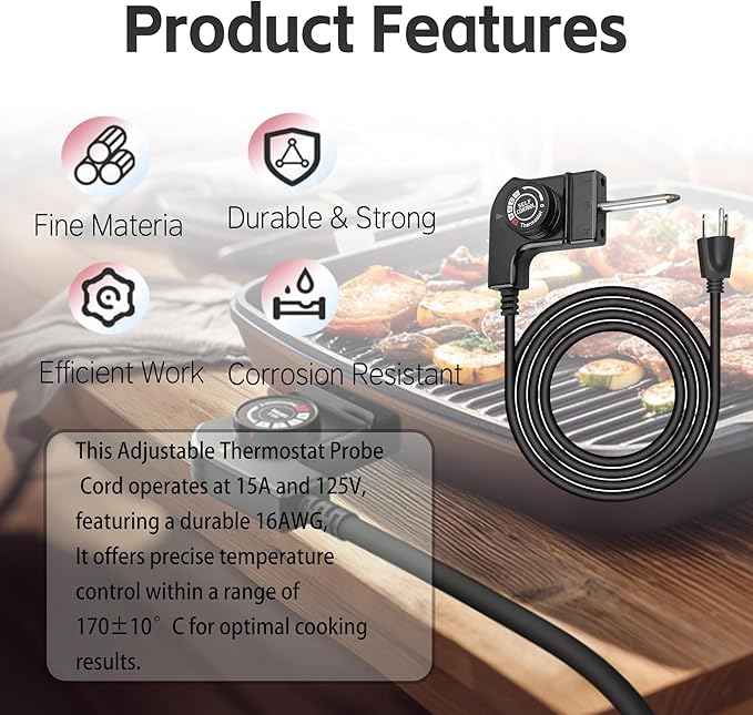 Electric Skillet Cord Replacemen for Masterbuilt,Hamilton Beach,Chefman,Presto,Cuisinart Fondue Pot,15A/125V Adjustable Thermostat Probe Cord,Thermostat Control for Grill/Griddle/Smoker/Fryers