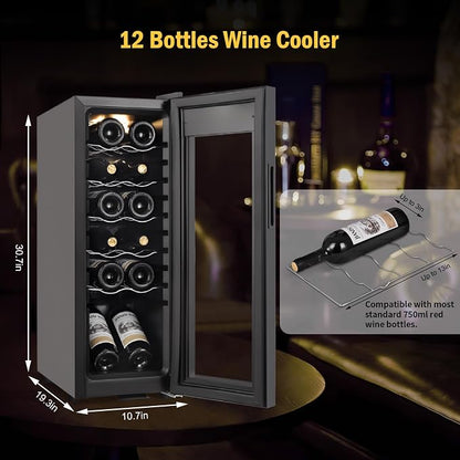 FoMup Wine Fridge 12 Bottles, Small Wine Cooler Refrigerator Freestanding with Digital Temperature Control Safety Lock, Frost Free for Red White Wine, Champagne