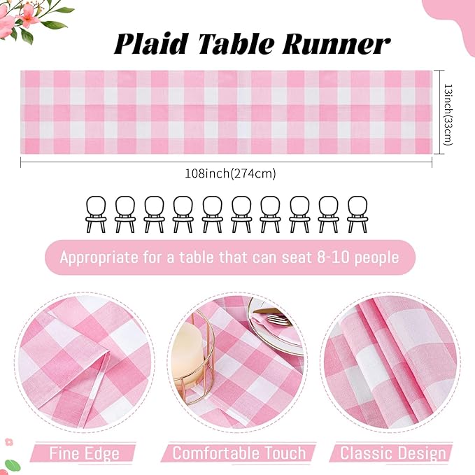 B-COOL Pink Plaid Table Runner Checkered Fabric Cover 13x108 Inch 2 Packs Table Cloths Centerpieces Valentines Party Picnic Decorative Gingham Rectangle Pink and White Checkered Linen Decorations