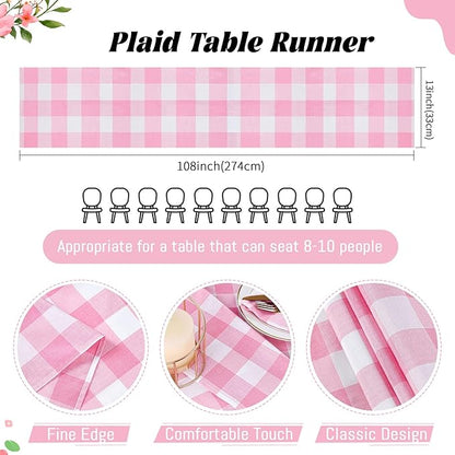 B-COOL Pink Plaid Table Runner Checkered Fabric Cover 13x108 Inch 2 Packs Table Cloths Centerpieces Valentines Party Picnic Decorative Gingham Rectangle Pink and White Checkered Linen Decorations