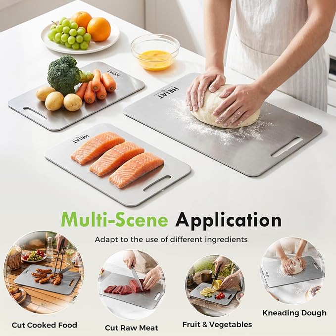 Titanium Cutting Board Set of 3, Double-Sided Kitchen Chopping Boards Highlights: Sectioned prep surface, food-grade safe material, scratch-resistant surface, easy-to-clean design, dishwasher safe