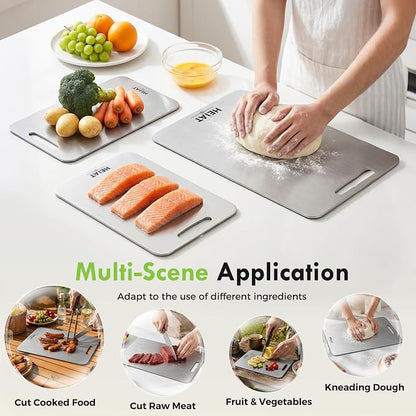 Titanium Cutting Board Set of 3, Double-Sided Kitchen Chopping Boards Highlights: Sectioned prep surface, food-grade safe material, scratch-resistant surface, easy-to-clean design, dishwasher safe