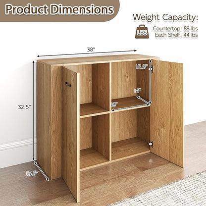 Giantex 38" Sideboard Cabinet with 2 Doors & 4 Shelves (Natural) | Bathroom Storage Organizer with Anti-Tipping Device, Metal Hinges, Credenza for Living Room, Kitchen, Entryway
