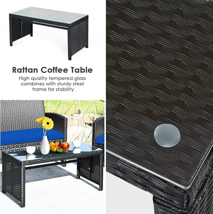 Tangkula 4 Pieces Patio Wicker Conversation Furniture Set, Patiojoy Sofa & Table Set w/4 Seats, Outdoor Rattan Sofa Set for Balcony Backyard, Wicker Chair Set with Tempered Glass Coffee Table
