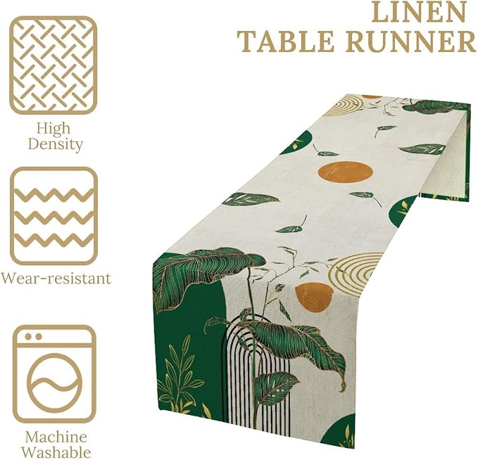 Green Abstract Mid Centruy Table Runner Retro Boho Tropical Leaves Palms Tree Sun Geometric Arch Minimalisted Seasonal Dinner Runner for Farmhouse Kitchen Dining Home Holiday Party 13x36in