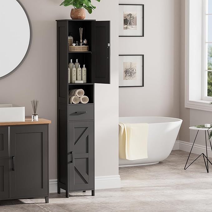 Homhedy 67" H Tall Bathroom Storage Cabinet with Barn Doors and Drawer | Narrow Storage Unit with Adjustable Shelves, Floor Cabinet for Bathroom, Living Room, Entryway or Kitchen, Black, 11.8" W