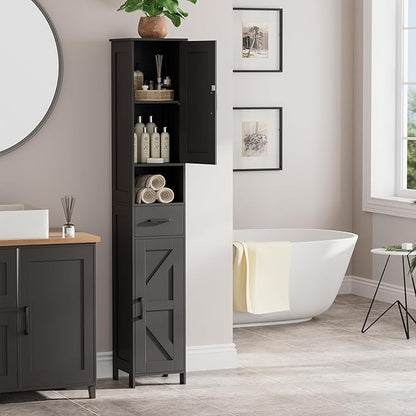 Homhedy 67" H Tall Bathroom Storage Cabinet with Barn Doors and Drawer | Narrow Storage Unit with Adjustable Shelves, Floor Cabinet for Bathroom, Living Room, Entryway or Kitchen, Black, 11.8" W