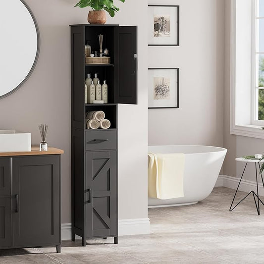 Homhedy 67" H Tall Bathroom Storage Cabinet with Barn Doors and Drawer | Narrow Storage Unit with Adjustable Shelves, Floor Cabinet for Bathroom, Living Room, Entryway or Kitchen, Black, 11.8" W