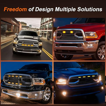 FUSCH 4-Pack LED Front Grille Lights with Harness Fit for Ram 1500 Limited Big Horn Tradesman Express Laramie Longhorn 2015-2019, Waterproof Exterior Grille Trim Lamp (White - Yellow Lens)
