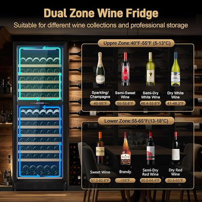 Velivi 24 Inch Dual Zone Wine Cooler Refrigerator, 179 Bottle | Built-in & Freestanding Wine Fridge, with Front Vent, Digital Touch Control, Quiet Compressor, Lock, Black