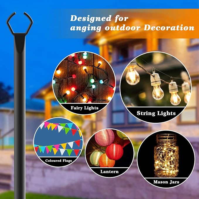 Mutovlin 6 Pack String Light Poles,10 Ft Light Poles for Outside String Lights,Outdoor Lights Pole with Fork,Metal Poles Stand for Patio Deck Backyard