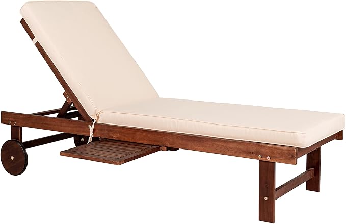 JONATHAN Y Seabrook 23.62" x 68.9" Acacia Wood Outdoor Chaise, Dark Brown | 5-Position Adjustable Back, Ivory Polyester Cushion, Pull-Out Side Table, Built-In Wheels, 600lb Capacity, Modern Coastal