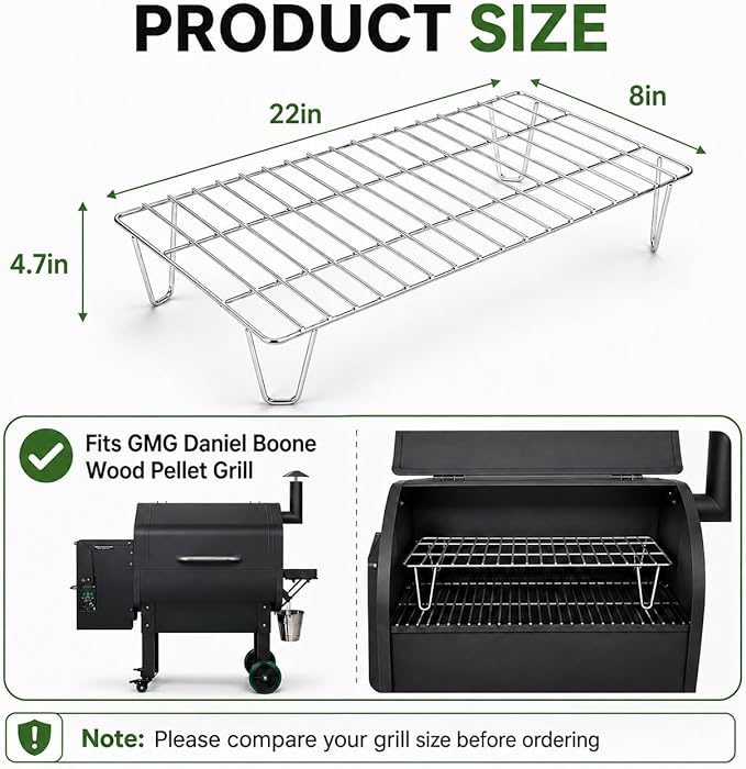 GRISUN Grill Warming Rack for Green Mountain Daniel Boone Pellet Grill, Stainless Steel Upper Rack, Heavy-Duty Grill Rack Accessories, Replacement for GMG-6008, Silver